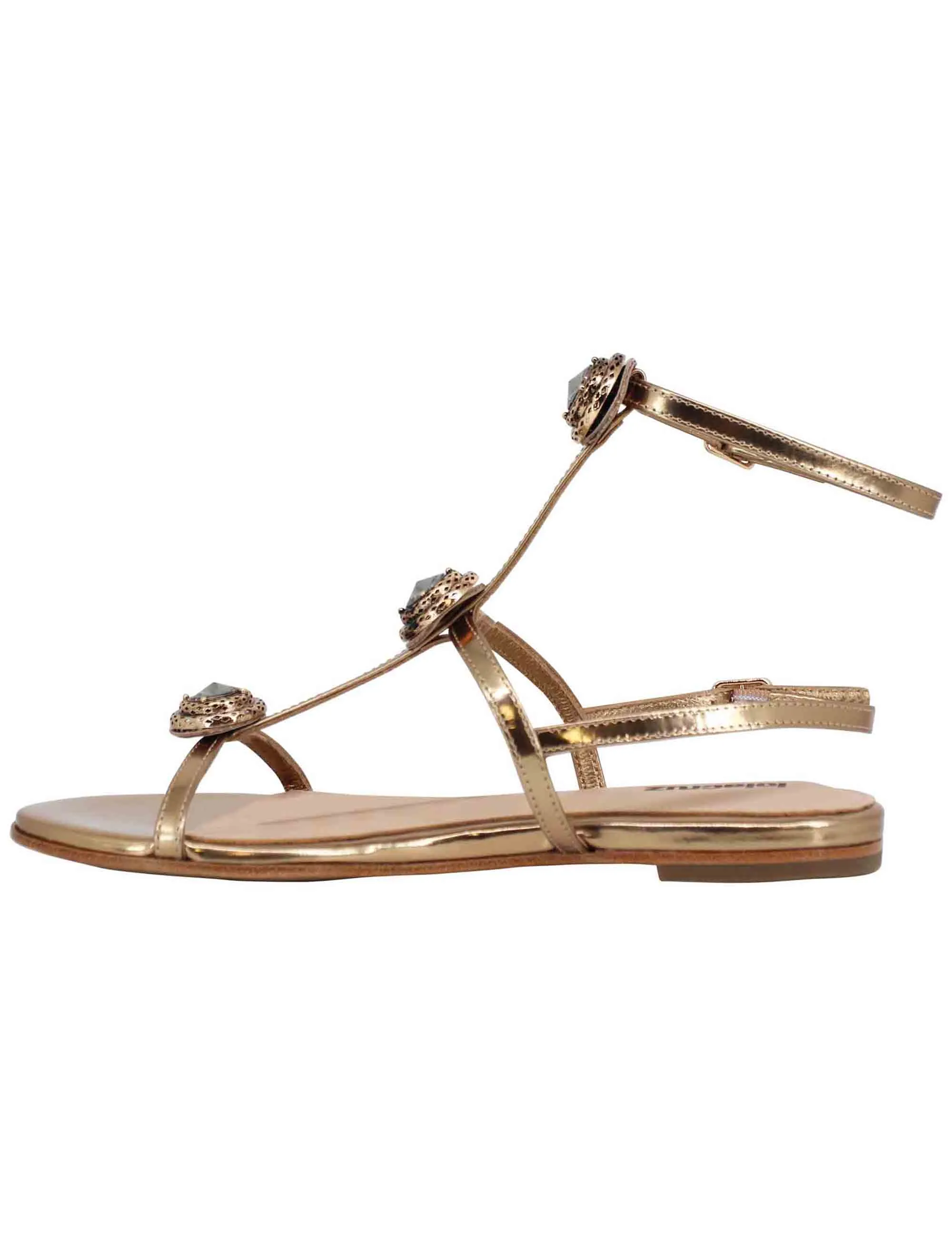 Sandali flat slingback donna in pelle bronzo con borchie e punta quadra Lya