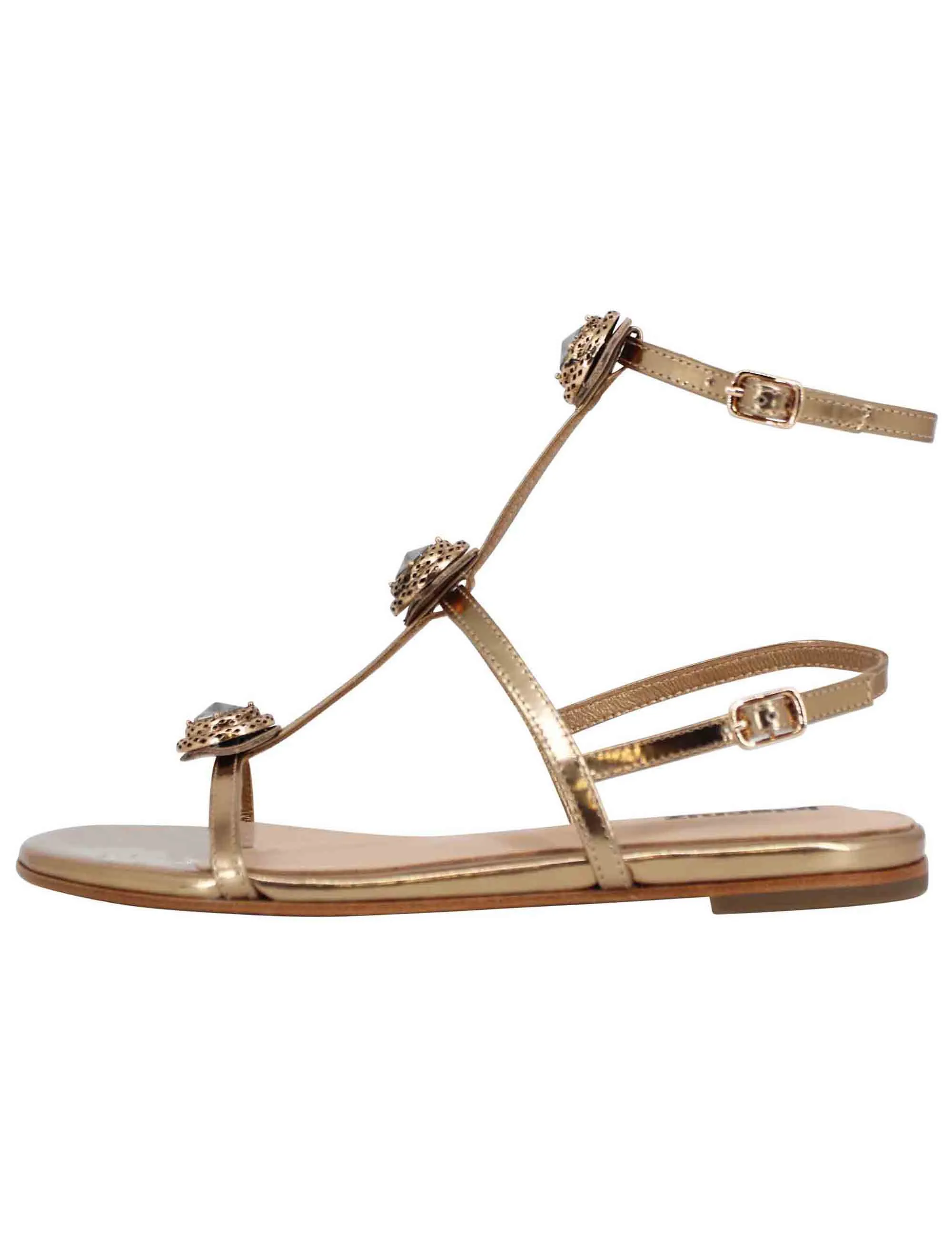 Sandali flat slingback donna in pelle bronzo con borchie e punta quadra Lya