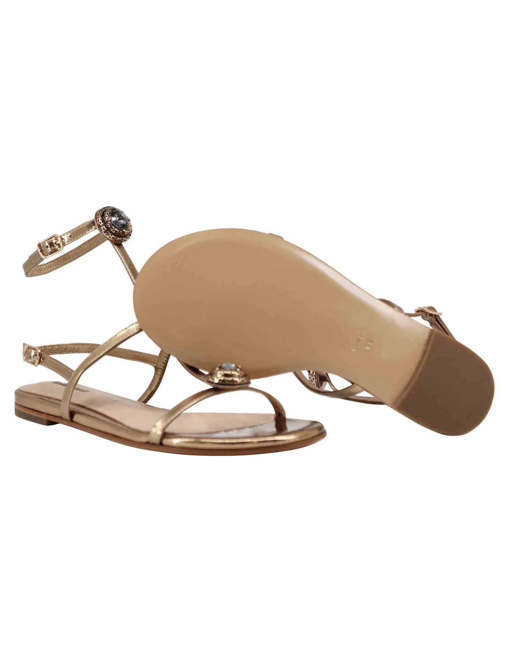 Sandali flat slingback donna in pelle bronzo con borchie e punta quadra Lya