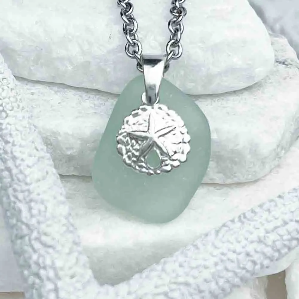 Seafoam Sea Glass Pendant with Sterling Silver Sand Dollar Charm | #1723