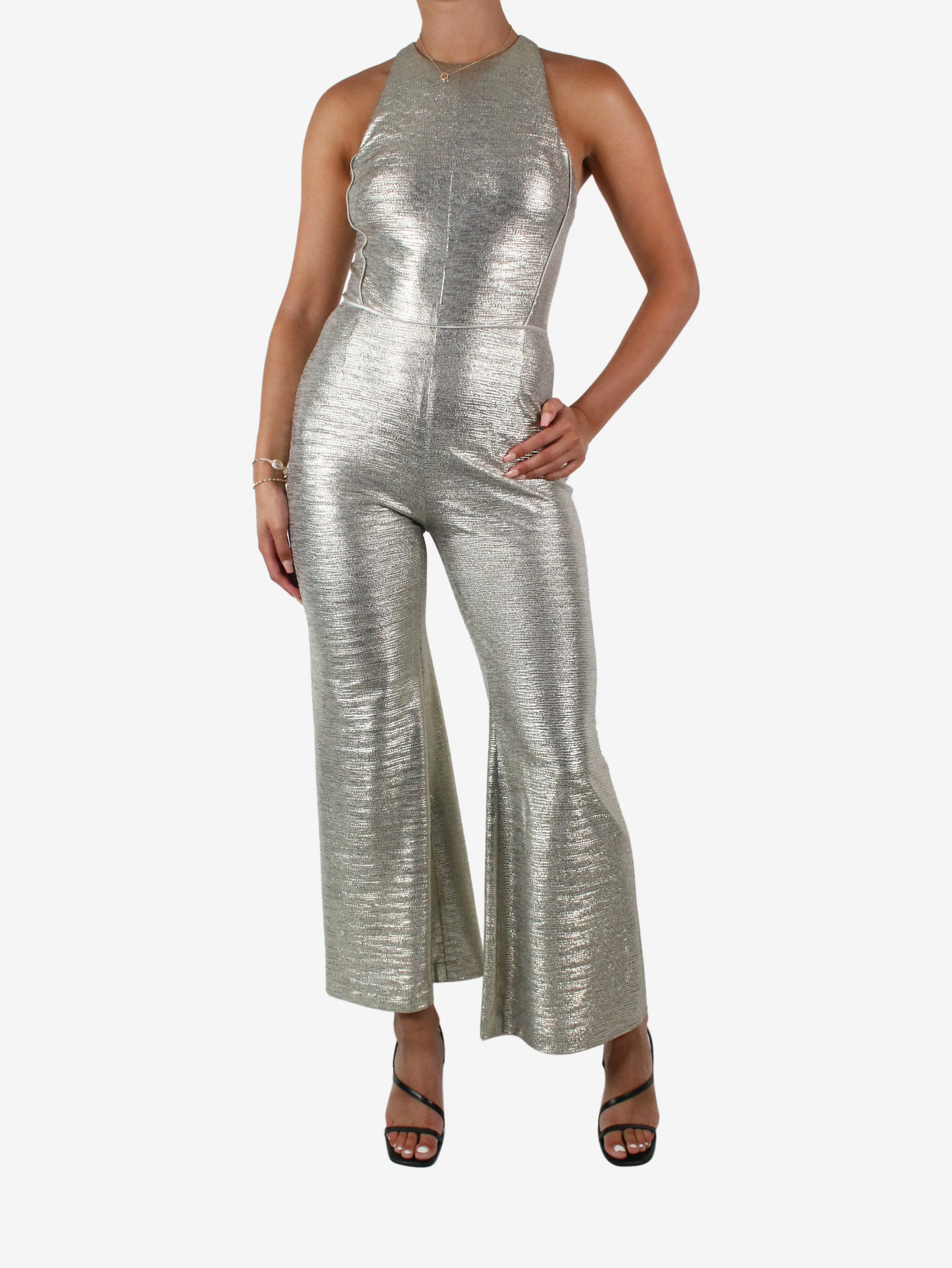 Silver sleeveless metallic jumpsuit - size UK 10