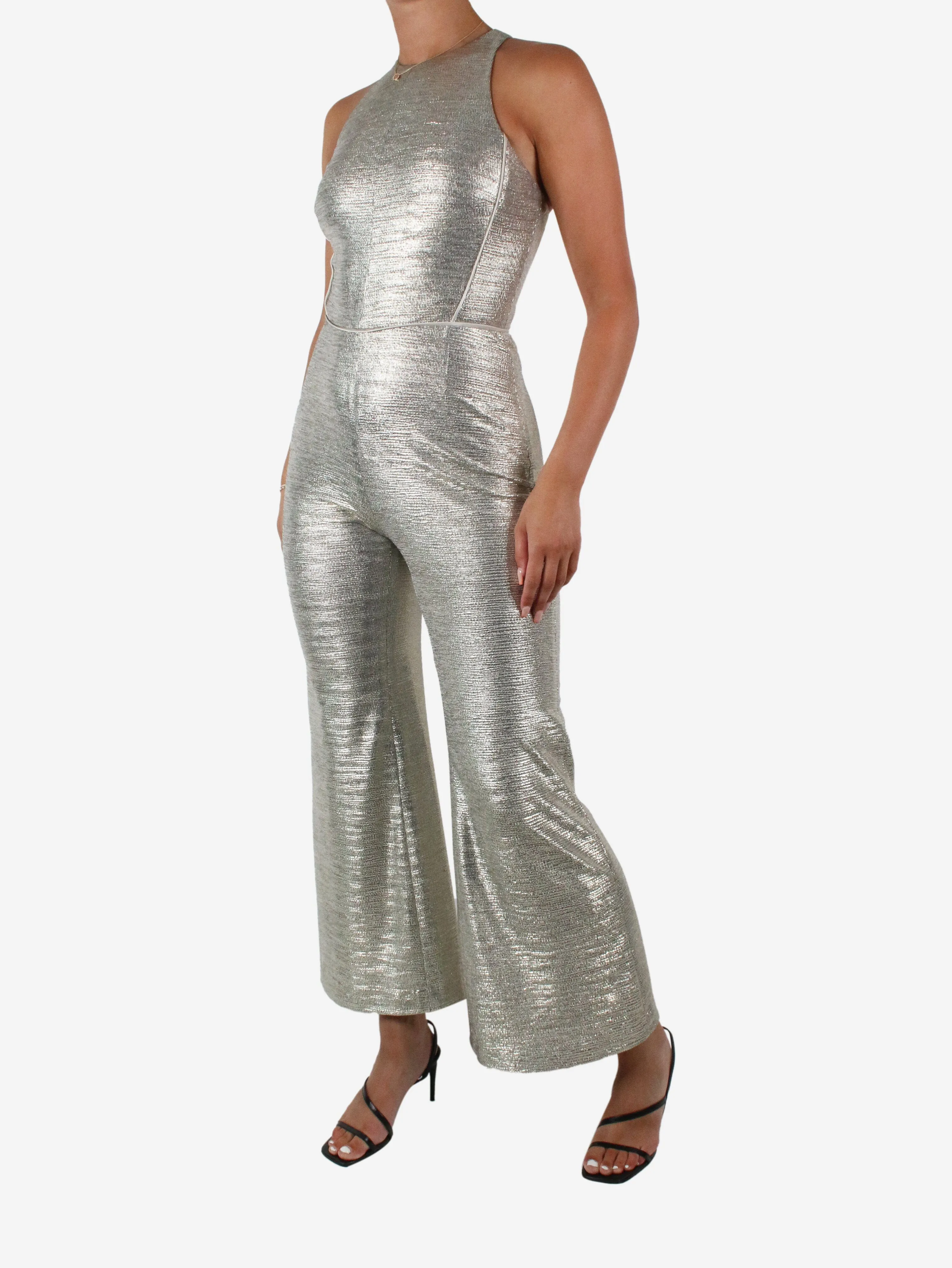 Silver sleeveless metallic jumpsuit - size UK 10