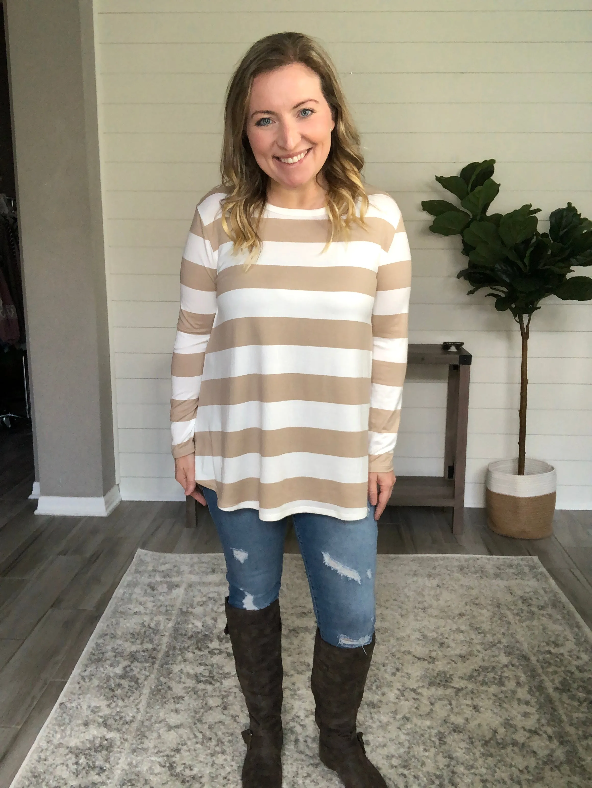 SIZE M: READY FOR THE WEEKEND STRIPE LONG SLEEVE TOP - TAUPE