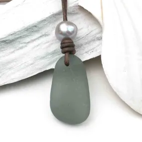 Smoke Gray Sea Glass Leather Necklace with Genuine Pearl | #1615