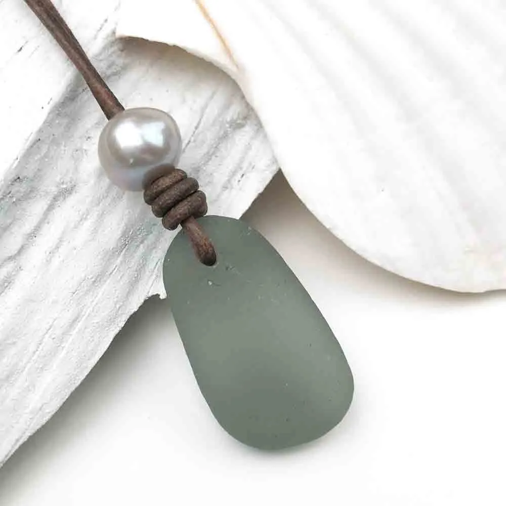 Smoke Gray Sea Glass Leather Necklace with Genuine Pearl | #1615