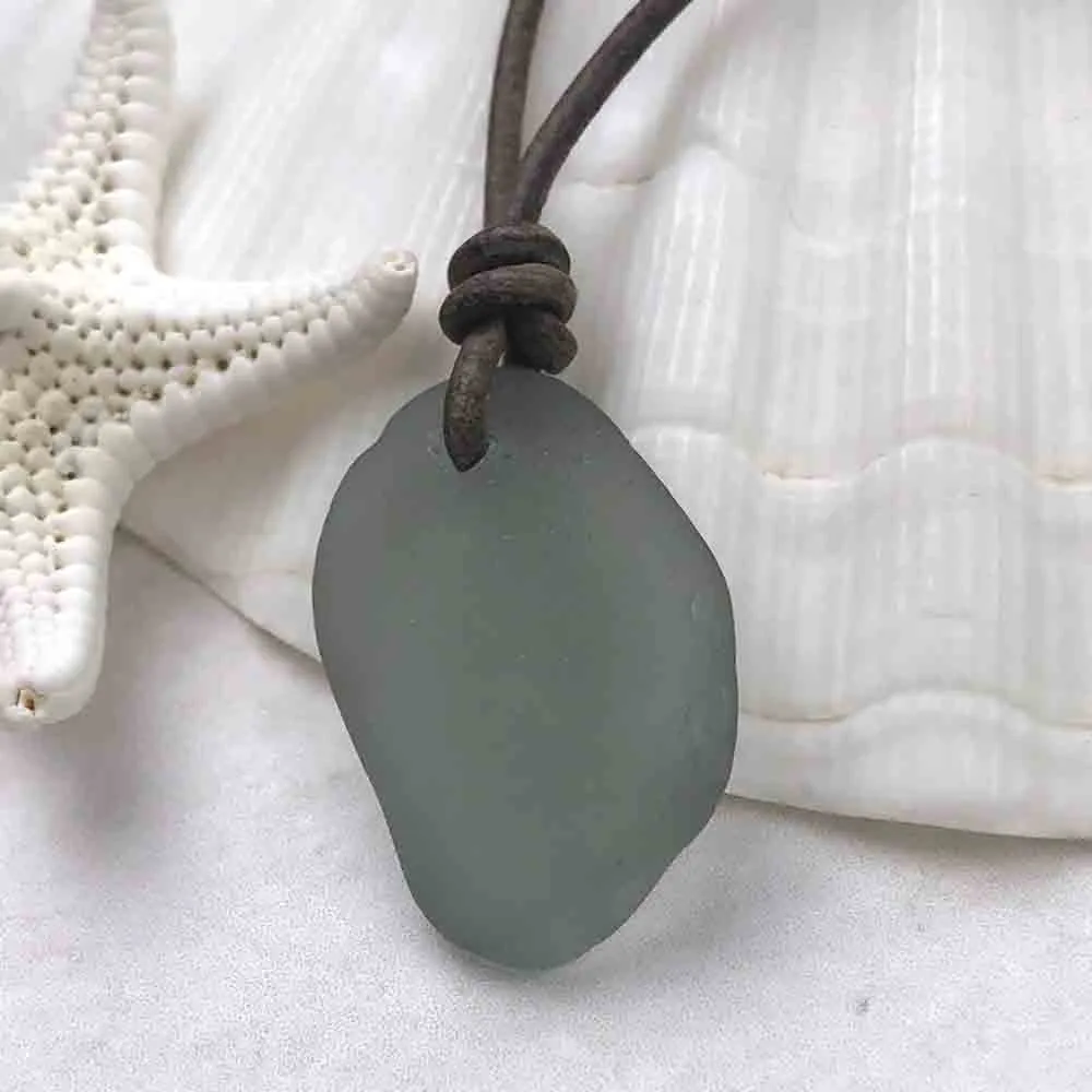 Smoke Gray Sea Glass Leather Necklace with Genuine Pearls | #1369