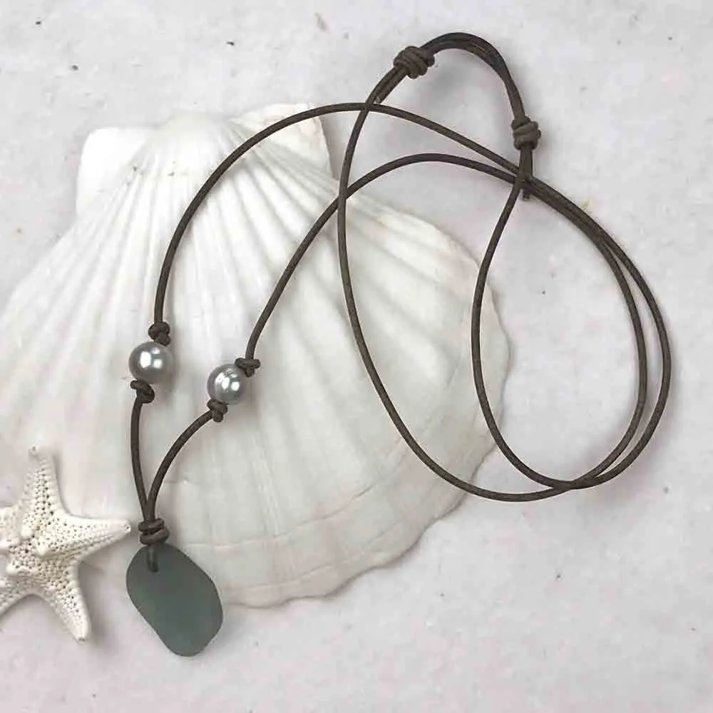 Smoke Gray Sea Glass Leather Necklace with Genuine Pearls | #1369