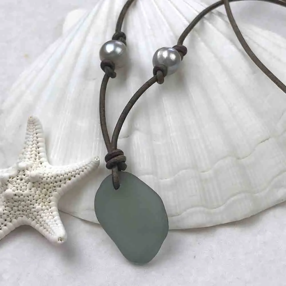 Smoke Gray Sea Glass Leather Necklace with Genuine Pearls | #1369