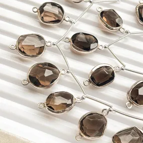 Smoky Quartz uneven faceted tumble 925 Silver bezel set Connectors for Jewelry making