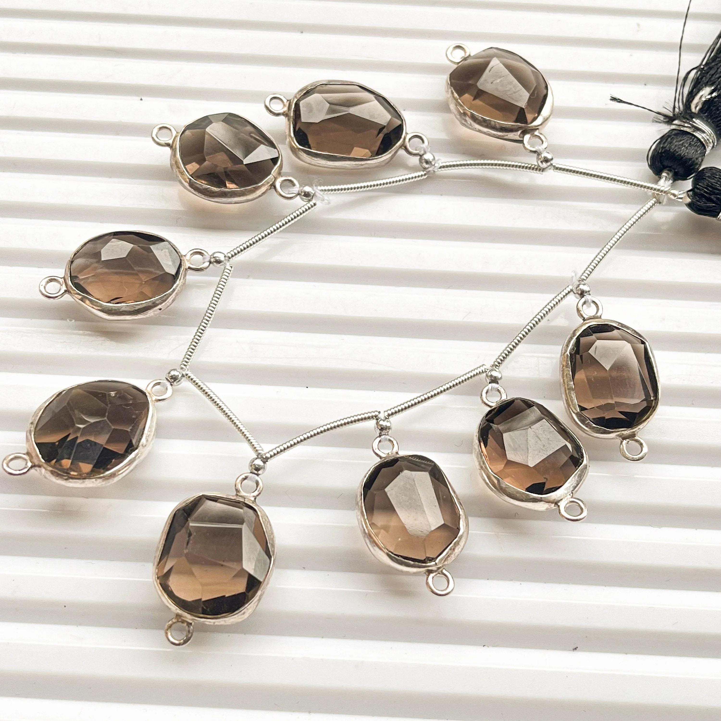 Smoky Quartz uneven faceted tumble 925 Silver bezel set Connectors for Jewelry making