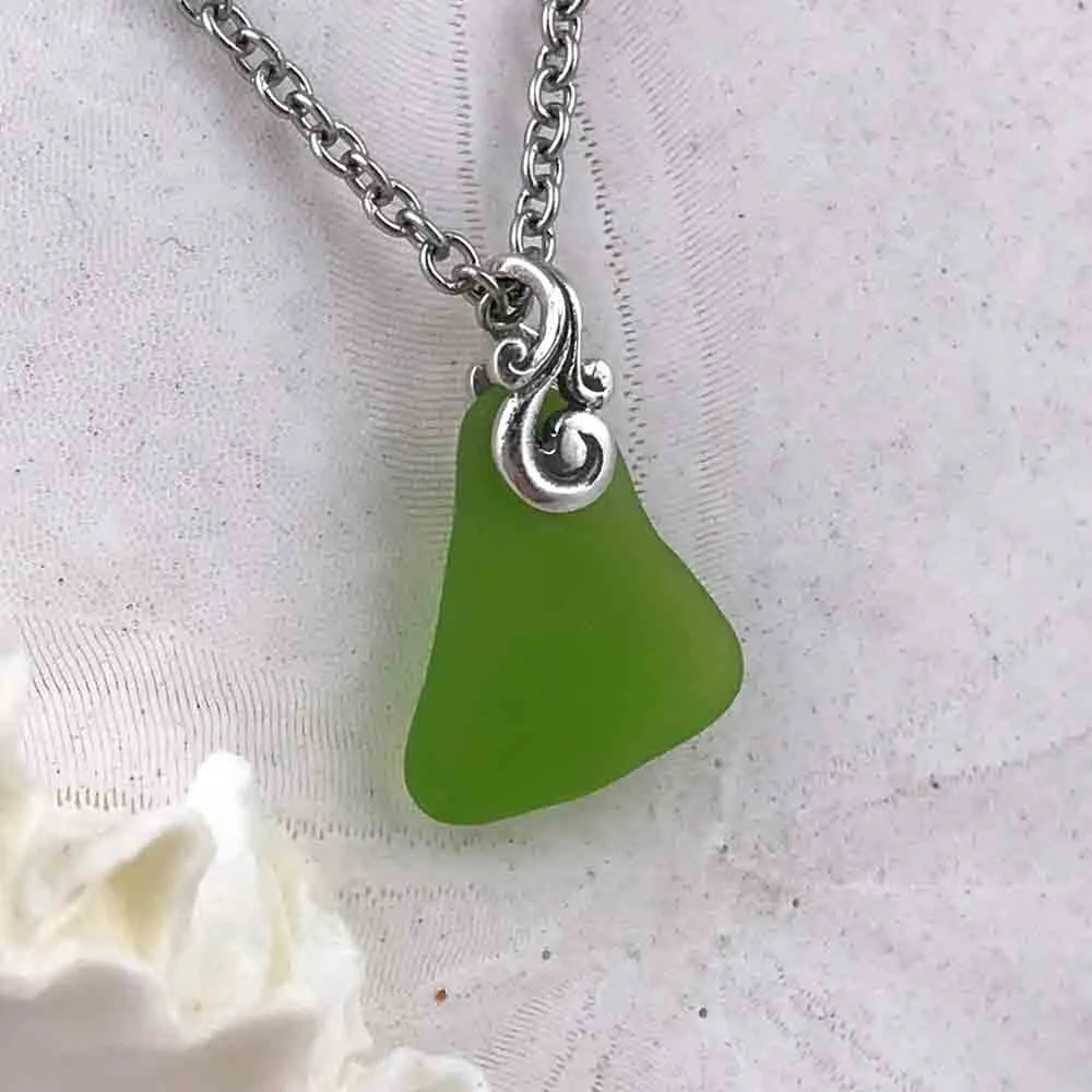 Soda Bottle Lime Green Ocean Waves Sea Glass Pendant | #1149