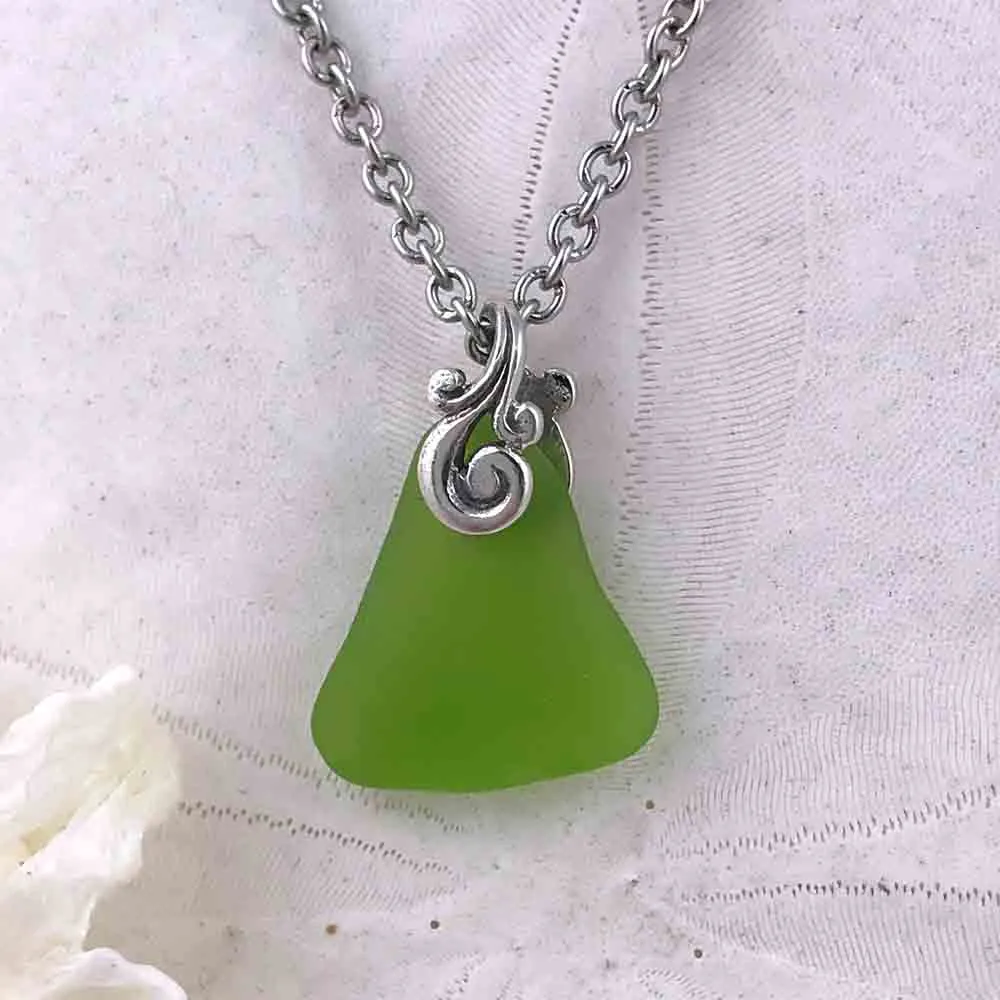 Soda Bottle Lime Green Ocean Waves Sea Glass Pendant | #1149