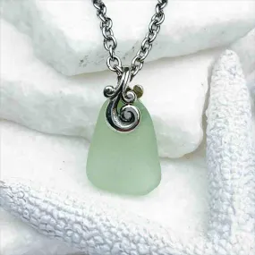 Sunlight Seafoam Sea Glass Pendant with Ocean Waves Bail | #5033