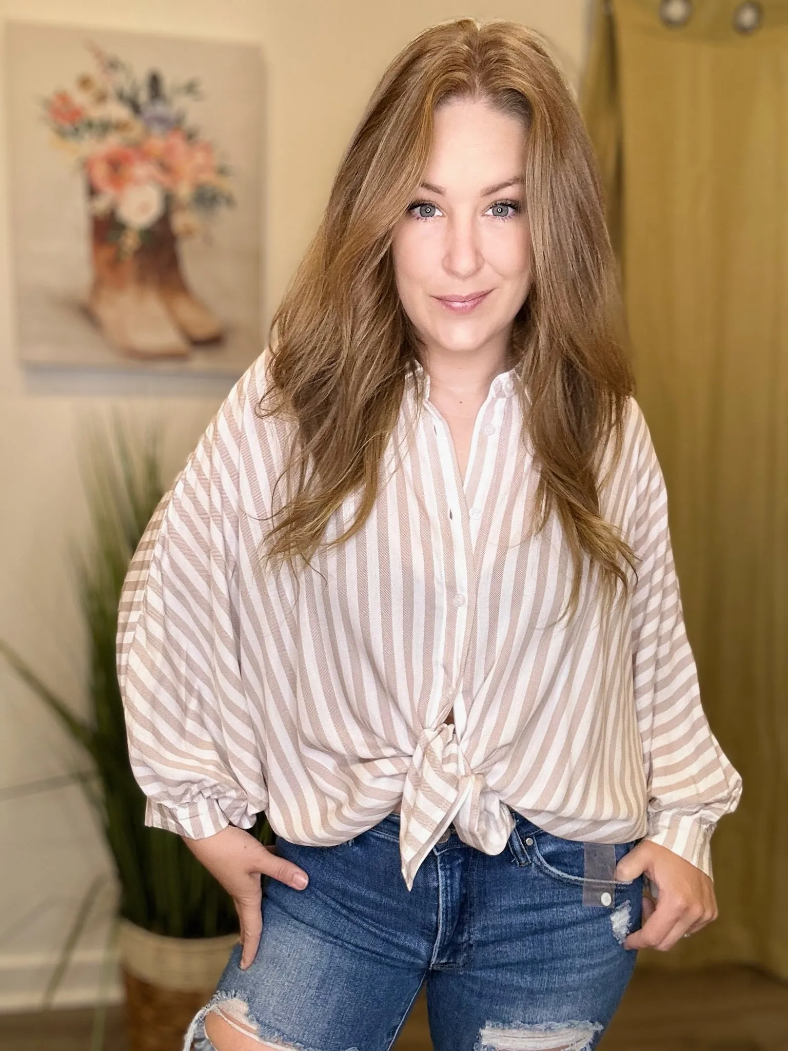 Taupe Striped Oversize Button Up