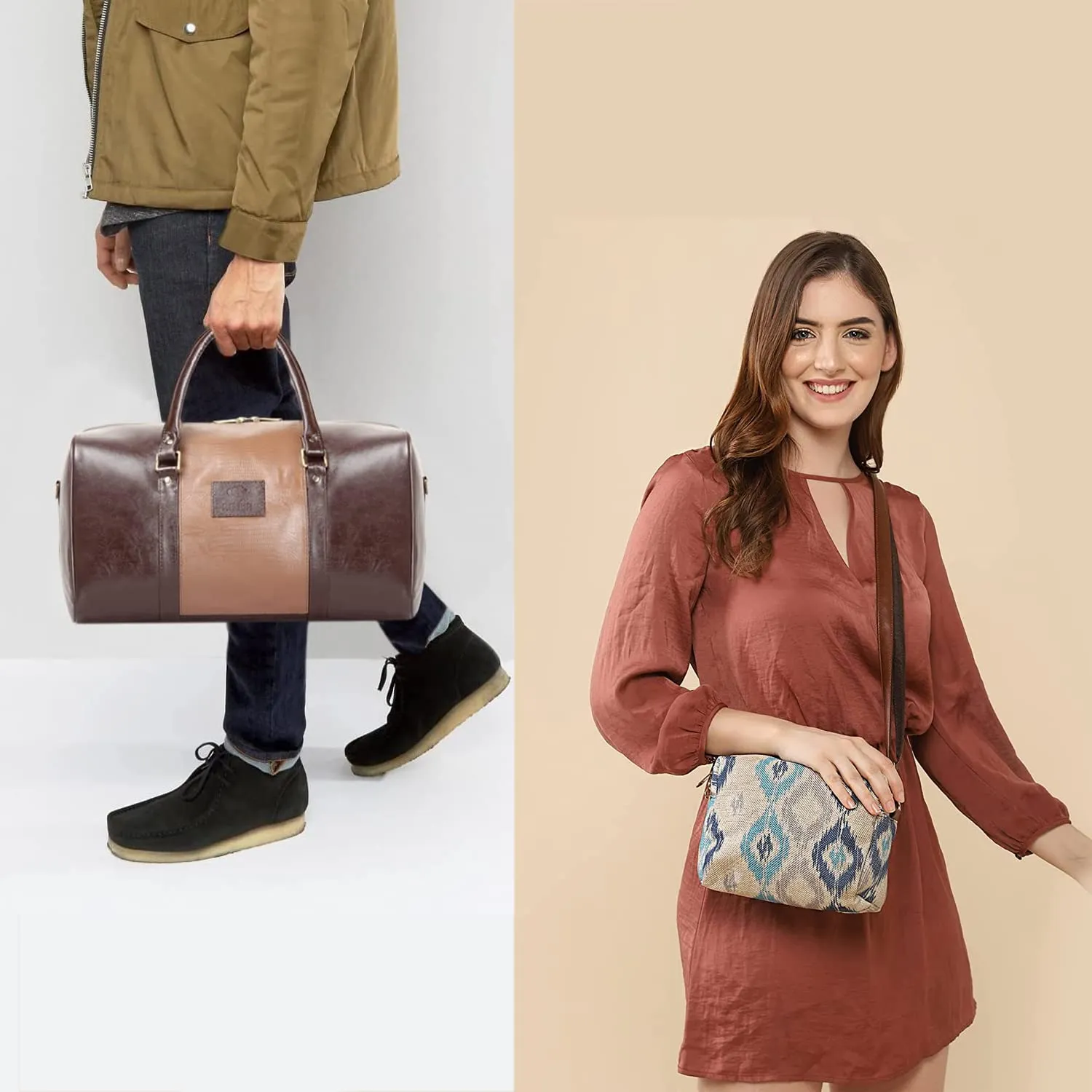 The Clownfish Combo of Ambiance Series 18 Inch/20 litres Brown Duffle Bag & The Clownfish Isla Printed Handicraft Fabric Crossbody Sling bag for Women(Pearl with Patola design)