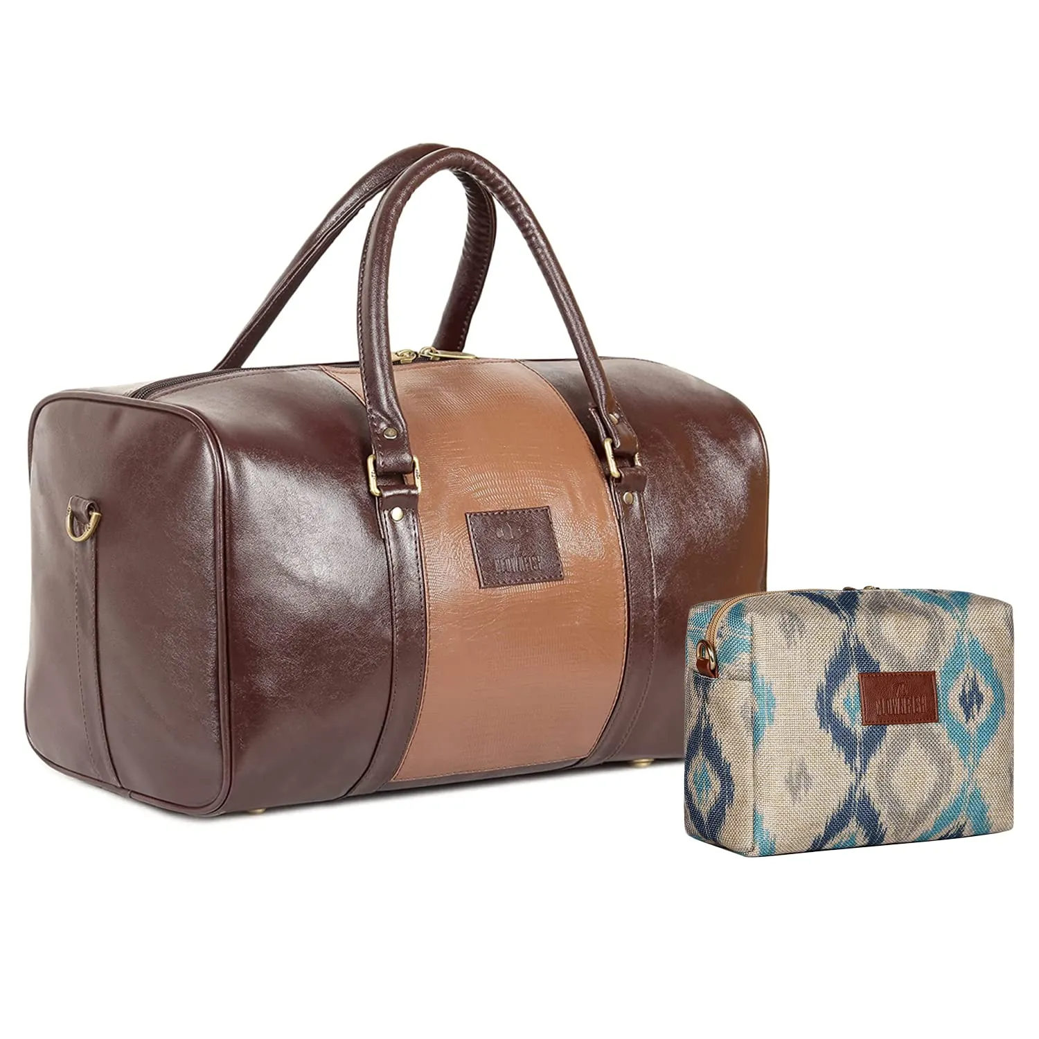 The Clownfish Combo of Ambiance Series 18 Inch/20 litres Brown Duffle Bag & The Clownfish Isla Printed Handicraft Fabric Crossbody Sling bag for Women(Pearl with Patola design)