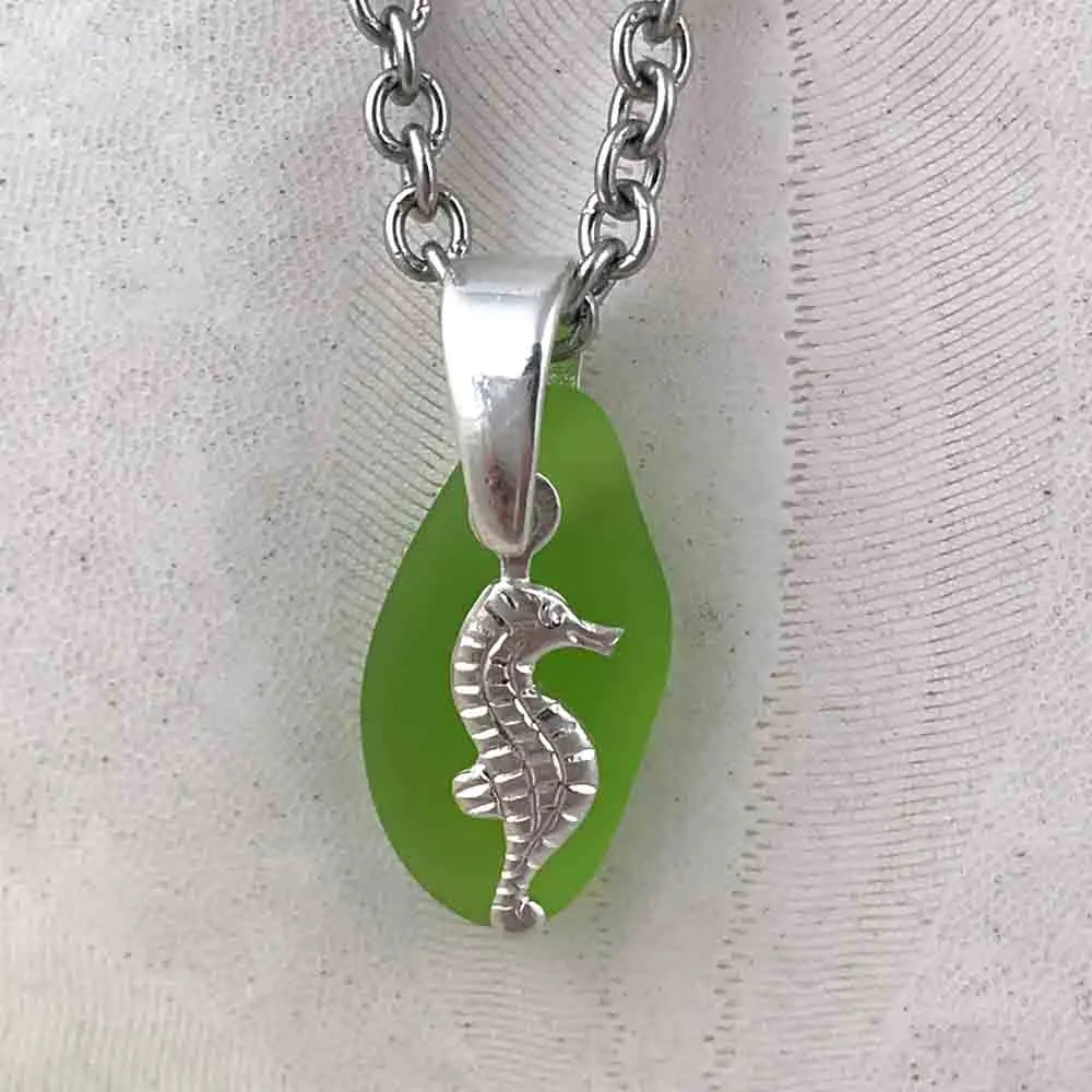 Tiny Lime Green Taper Sea Glass Pendant with a Sea Horse Charm | #1162