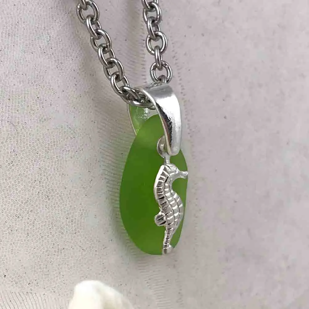 Tiny Lime Green Taper Sea Glass Pendant with a Sea Horse Charm | #1162