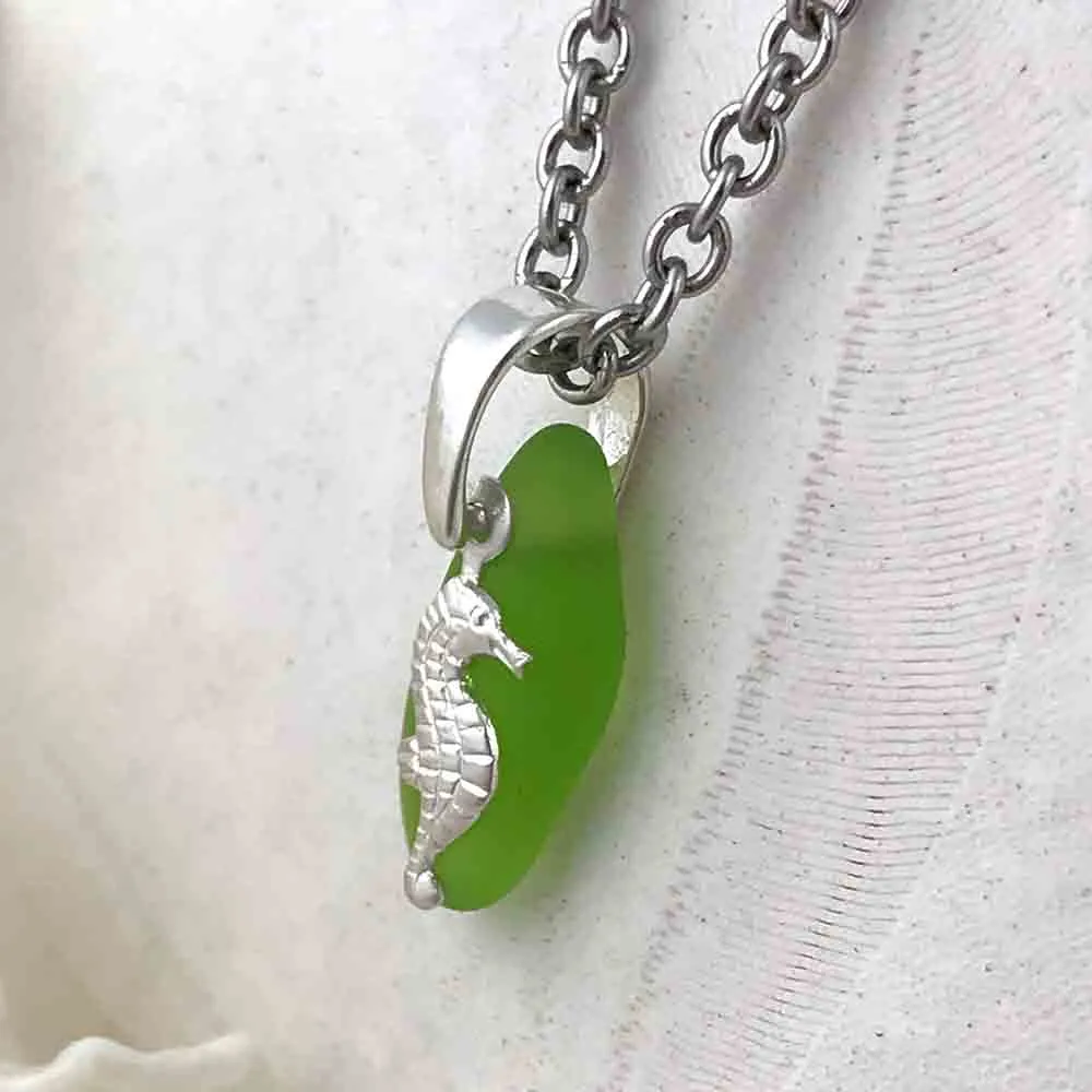 Tiny Lime Green Taper Sea Glass Pendant with a Sea Horse Charm | #1162