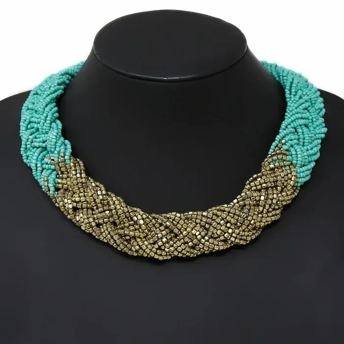 Turquoise and Gold Seed Bead Braided Necklace