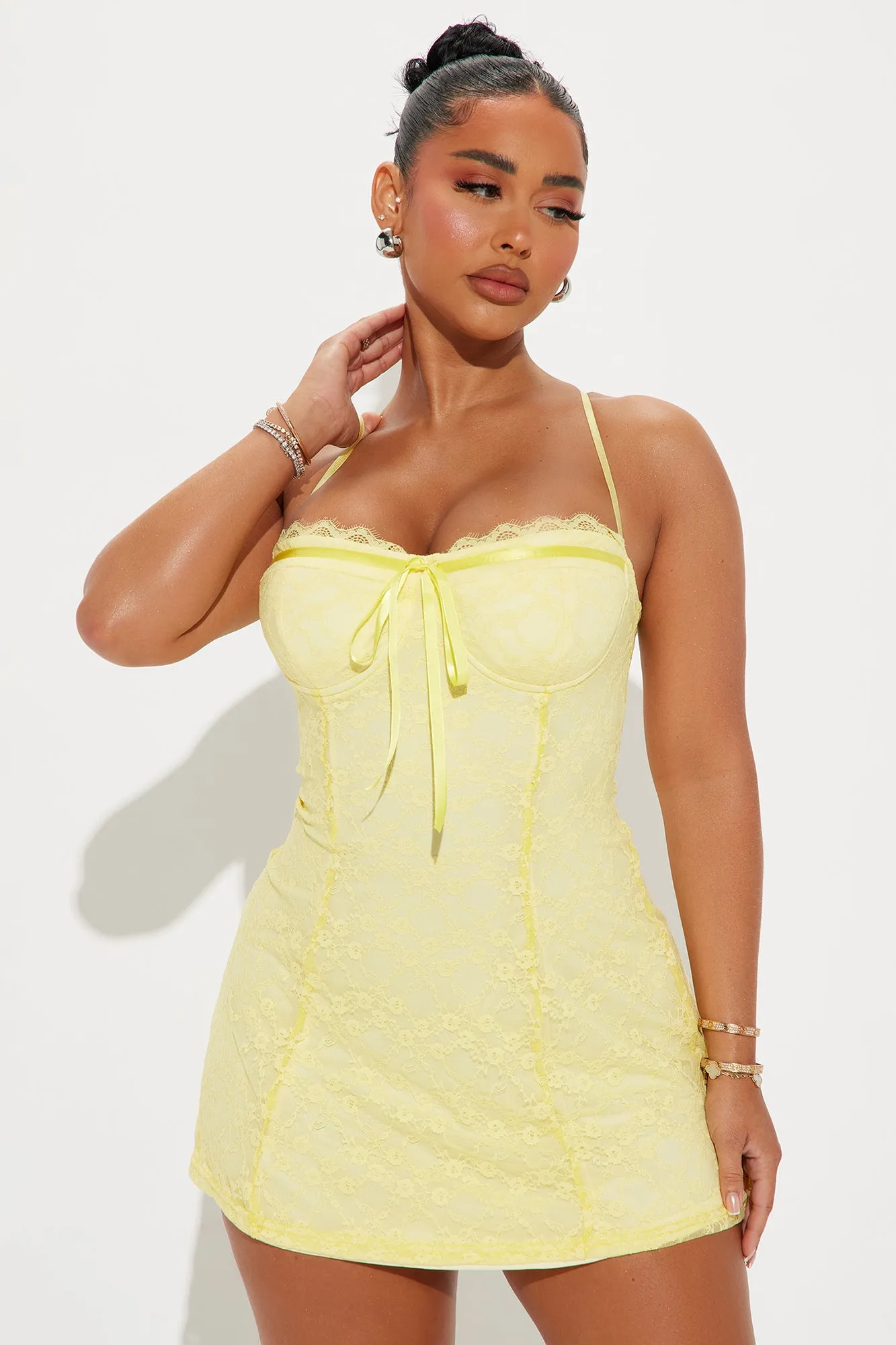 Twilight Serenade Lace Micro Mini Dress - Yellow