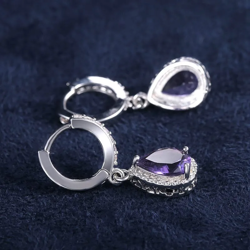 Water Drop Shaped Amethyst Earrings - 925 Sterling Silver