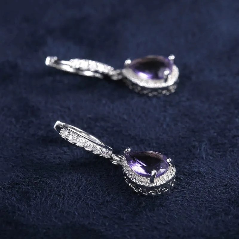 Water Drop Shaped Amethyst Earrings - 925 Sterling Silver