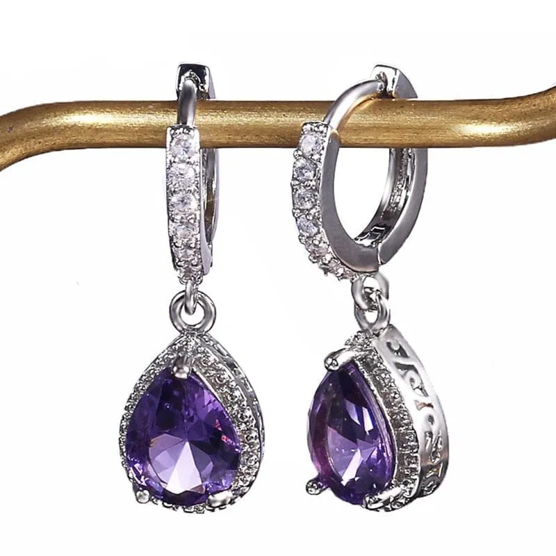 Water Drop Shaped Amethyst Earrings - 925 Sterling Silver