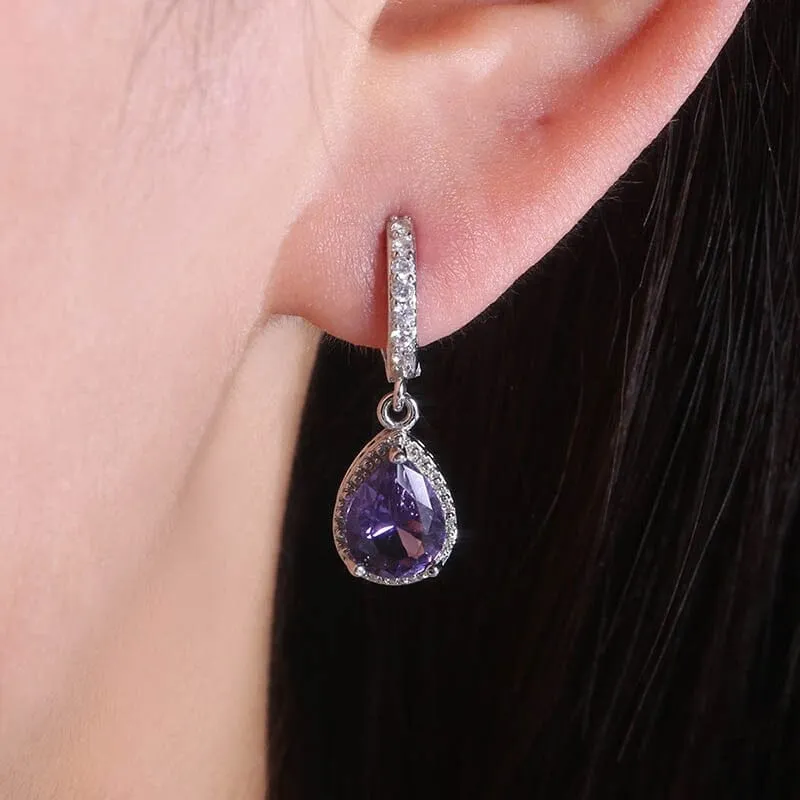 Water Drop Shaped Amethyst Earrings - 925 Sterling Silver