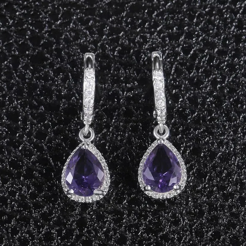 Water Drop Shaped Amethyst Earrings - 925 Sterling Silver