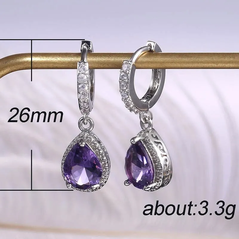 Water Drop Shaped Amethyst Earrings - 925 Sterling Silver