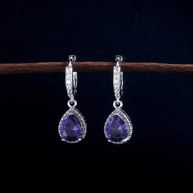 Water Drop Shaped Amethyst Earrings - 925 Sterling Silver