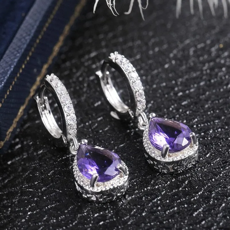 Water Drop Shaped Amethyst Earrings - 925 Sterling Silver