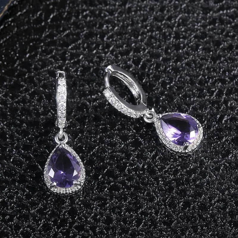 Water Drop Shaped Amethyst Earrings - 925 Sterling Silver